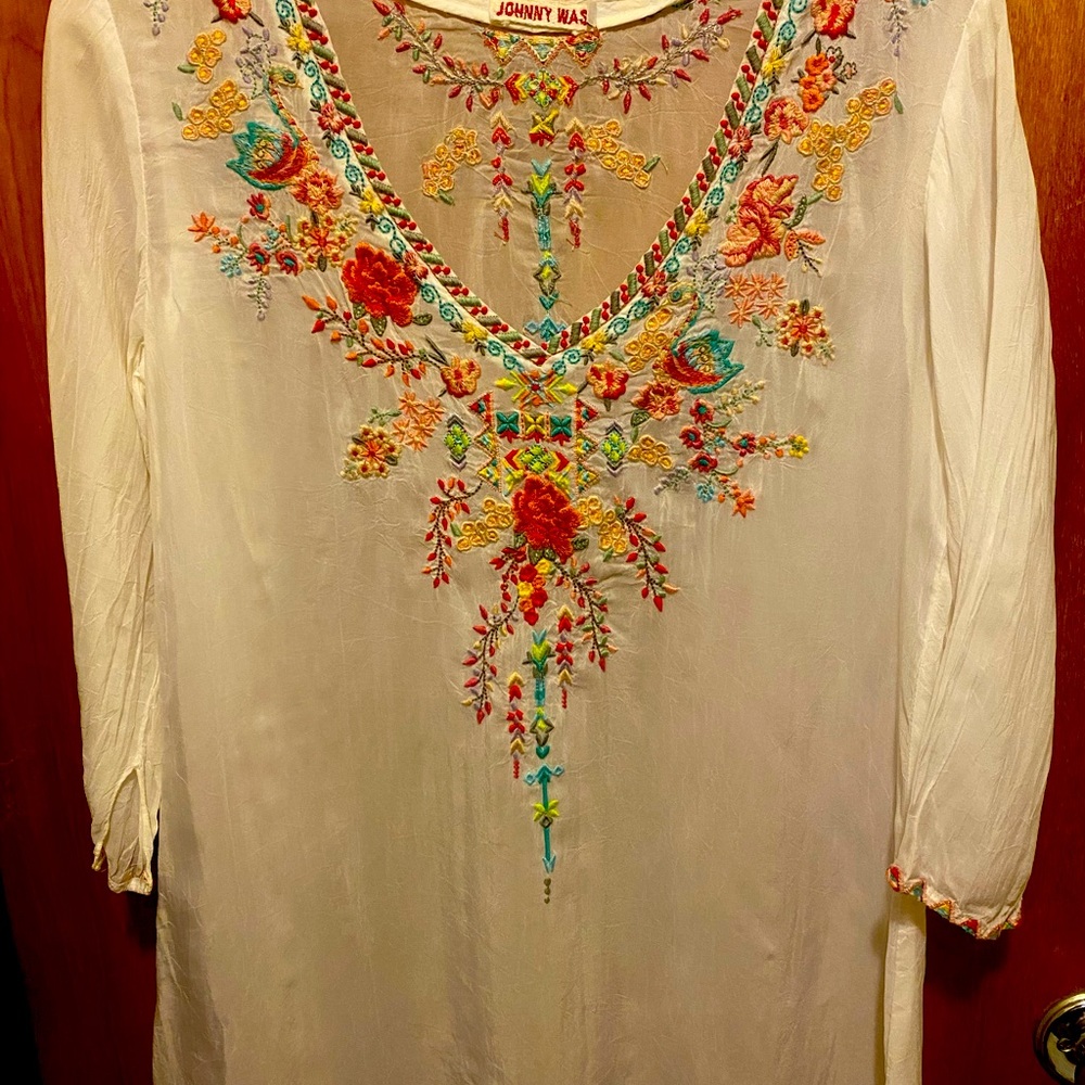Johnny Was White Embroidered Tunic Top XS